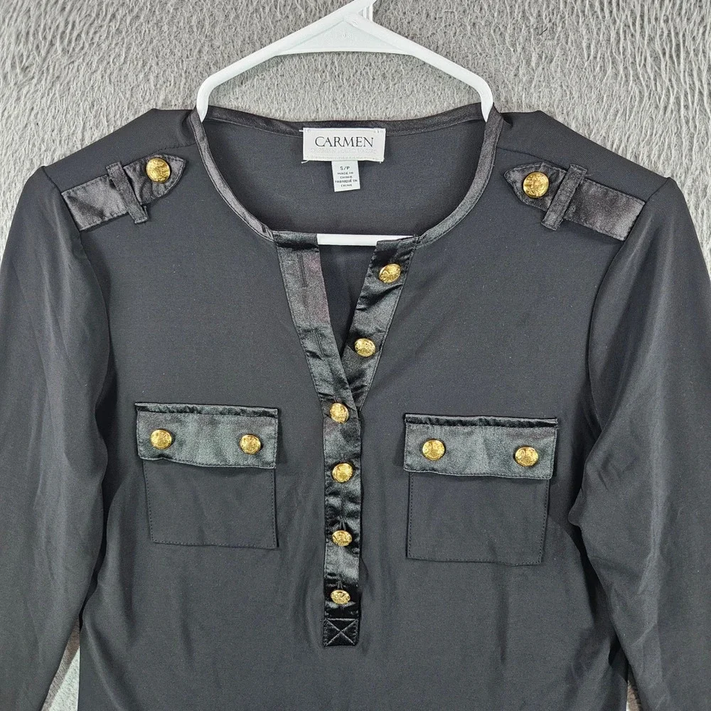 Carmen Marc Valvo Women Black Long Sleeve Military Gold Button Blouse Small - Picture 2 of 10